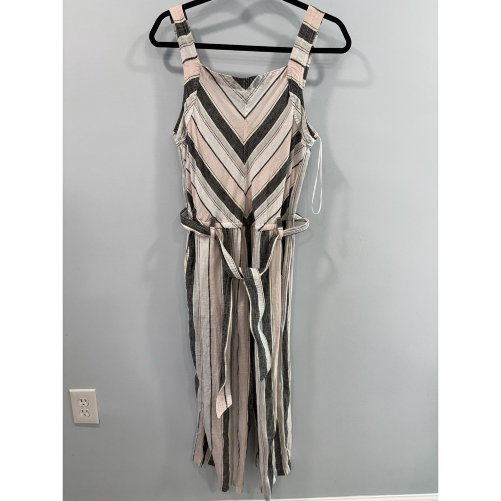Vince Camuto Women's 100% Linen Striped Jumpsuit M Belted Cropped Coastal